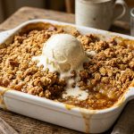 Golden apple crumble in a white ceramic baking dish with a melting scoop of vanilla ice cream on top