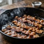 Bacon strips reheating in a cast iron skillet