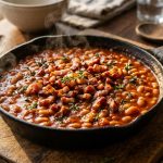Rich tomato baked beans in a cast iron skillet with crispy pancetta and fresh thyme on a wooden board