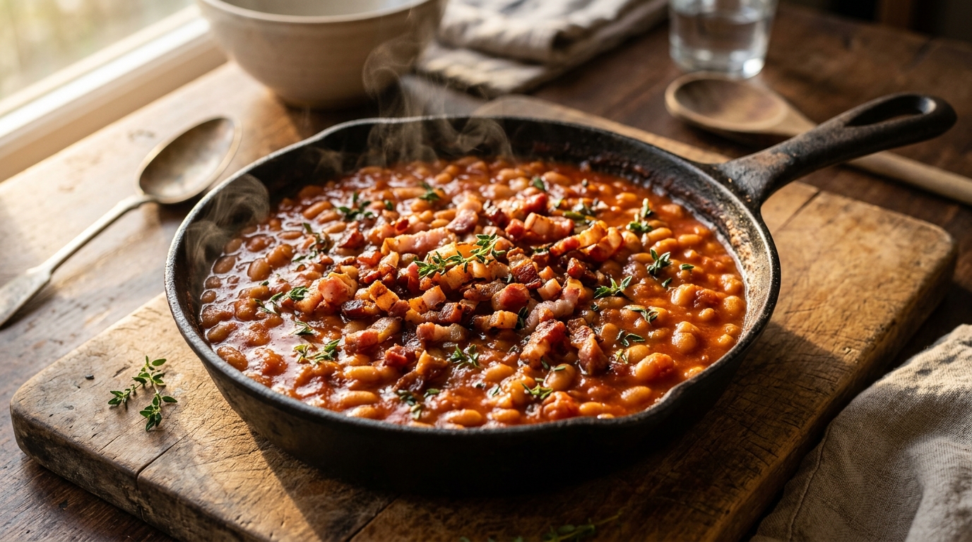 Rich tomato baked beans in a cast iron skillet with crispy pancetta and fresh thyme on a wooden board