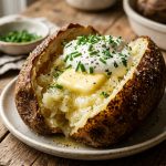 Split baked potato with crispy skin, melting butter, sour cream and chives
