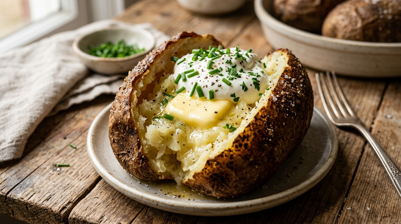 Split baked potato with crispy skin, melting butter, sour cream and chives