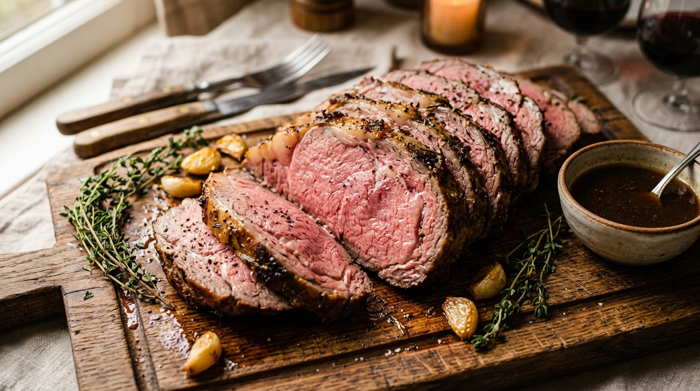 Sliced roast beef on a wooden board showing pink medium-rare centre with thyme and au jus