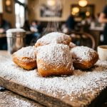 Golden beignets covered in powdered sugar on a rustic wooden board in a cafe setting