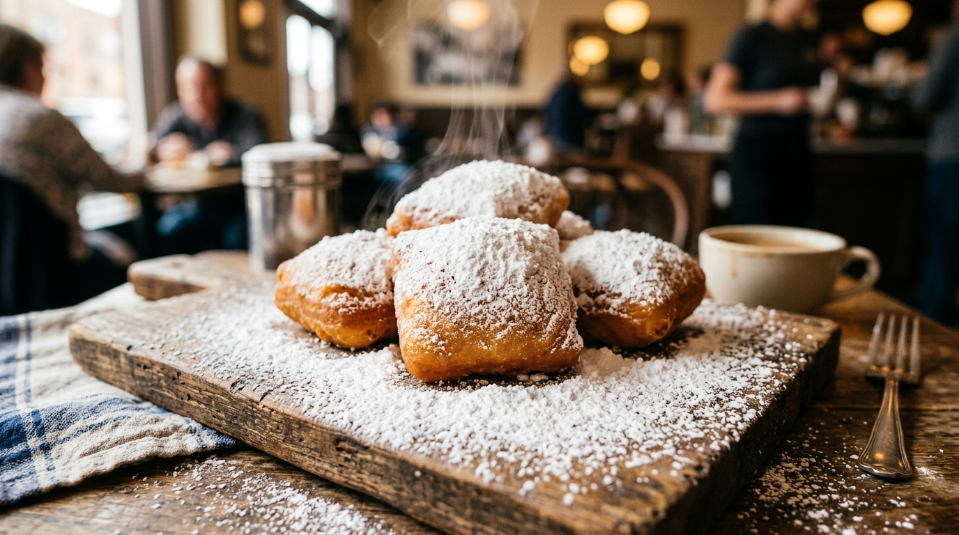 Golden beignets covered in powdered sugar on a rustic wooden board in a cafe setting