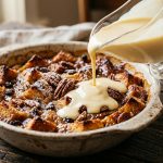 Warm bread pudding in a baking dish with golden top and vanilla custard sauce being poured over