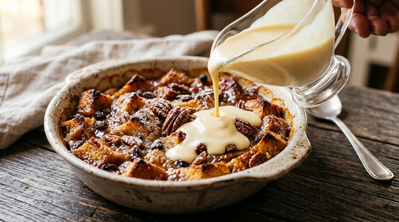 Warm bread pudding in a baking dish with golden top and vanilla custard sauce being poured over