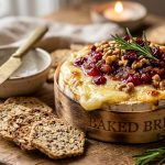 Baked brie in wooden box with cranberry jam, toasted walnuts and rosemary with crackers