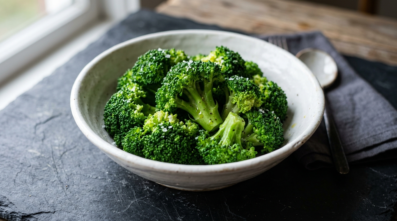 Steamed broccoli florets with sea salt in a white ceramic bowl on a dark slate surface