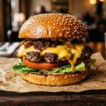 Gourmet smash burger with melted cheddar, caramelized onions, lettuce and tomato on a brioche bun