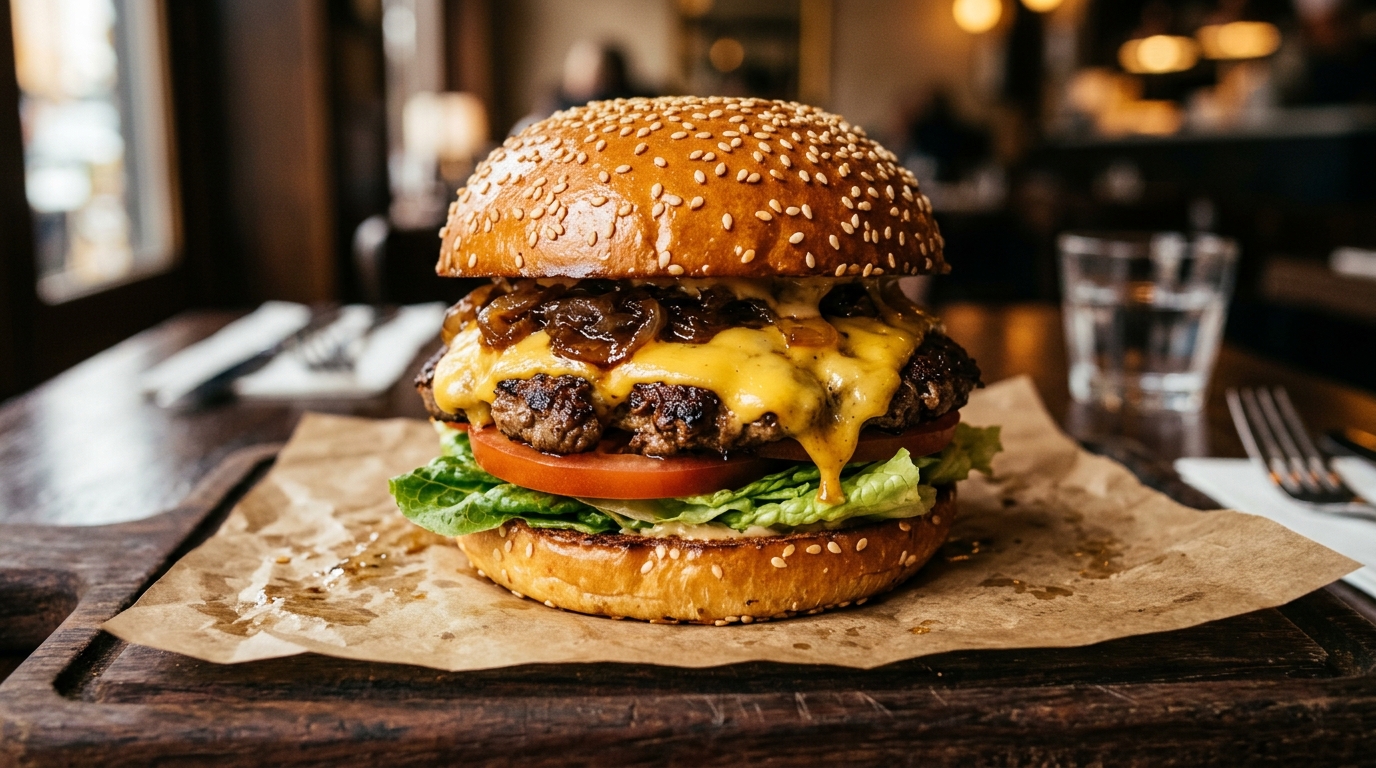 Gourmet smash burger with melted cheddar, caramelized onions, lettuce and tomato on a brioche bun