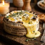 Whole camembert baked in its wooden box with golden melted centre oozing out, thyme and honey on top