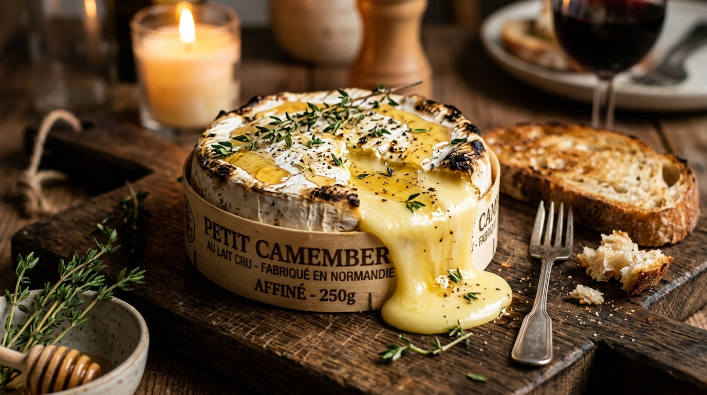 Whole camembert baked in its wooden box with golden melted centre oozing out, thyme and honey on top
