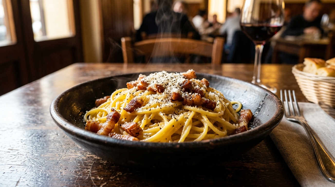 Bowl of authentic spaghetti carbonara with guanciale, pecorino romano and cracked black pepper in a rustic Italian setting