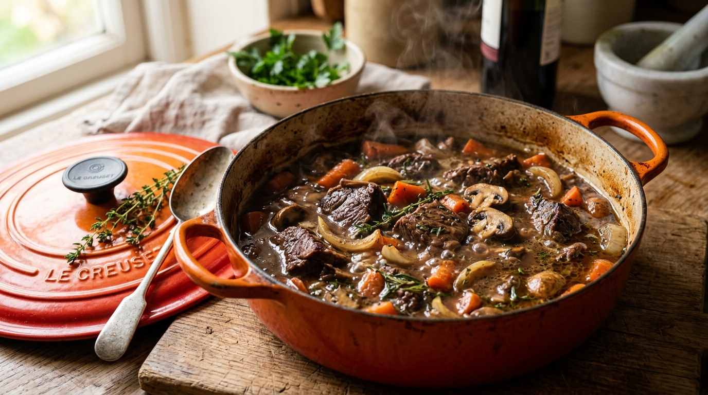 Rich beef casserole in an orange Le Creuset cast iron pot with carrots, mushrooms and herbs in red wine gravy