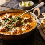 Rich creamy chicken tikka masala in a copper karahi pan with coriander and naan bread