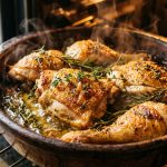 Golden roasted chicken pieces reheating in a rustic ceramic oven dish with herbs