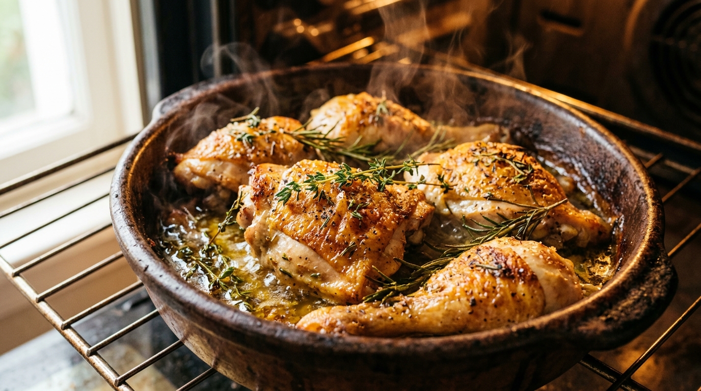Golden roasted chicken pieces reheating in a rustic ceramic oven dish with herbs