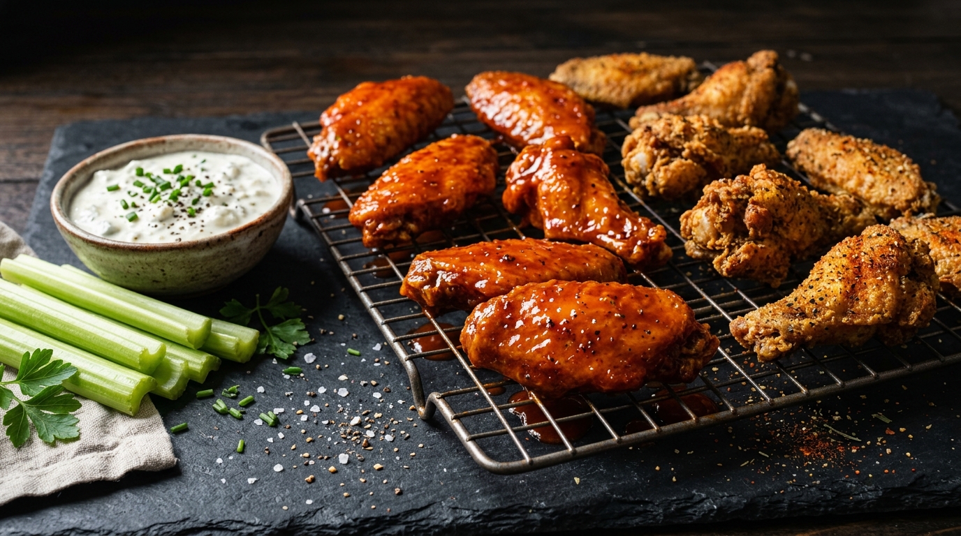Crispy golden chicken wings on a wire rack with buffalo and dry-rub varieties, blue cheese dip and celery