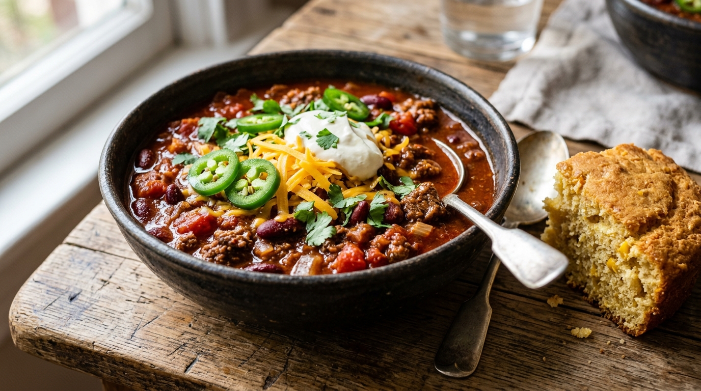 Rich beef chili con carne in a dark ceramic bowl topped with sour cream, cheddar, jalapeños and coriander