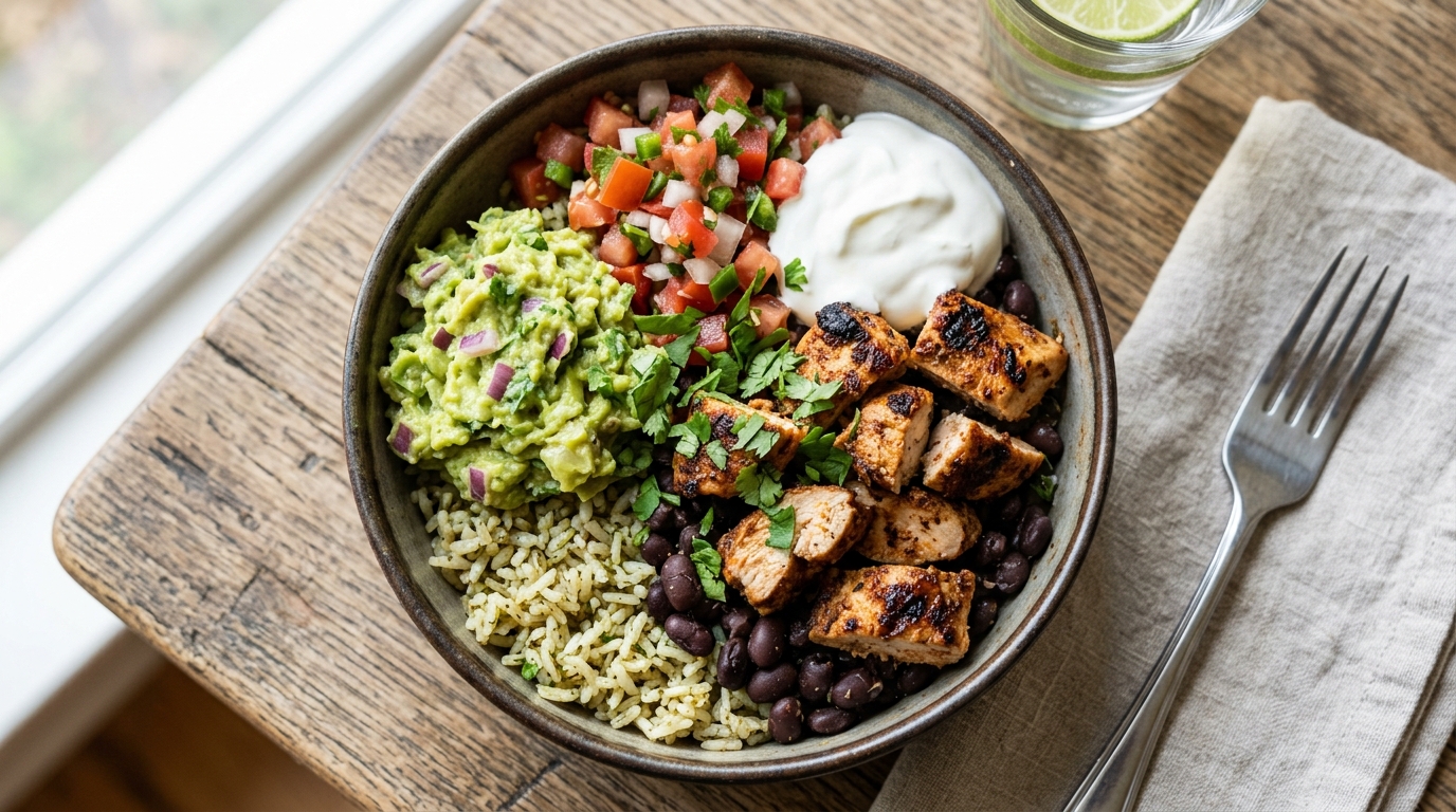 Chipotle burrito bowl with seasoned rice, black beans, grilled chicken, guacamole and pico de gallo