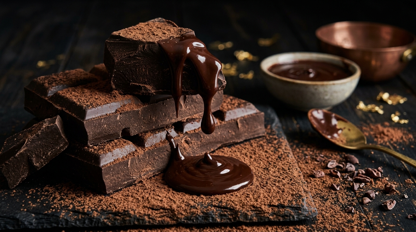 Dark chocolate pieces with melted chocolate dripping on cocoa dusted surface
