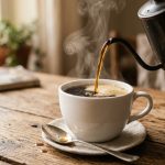 Hot black coffee being poured into a white ceramic mug with steam rising
