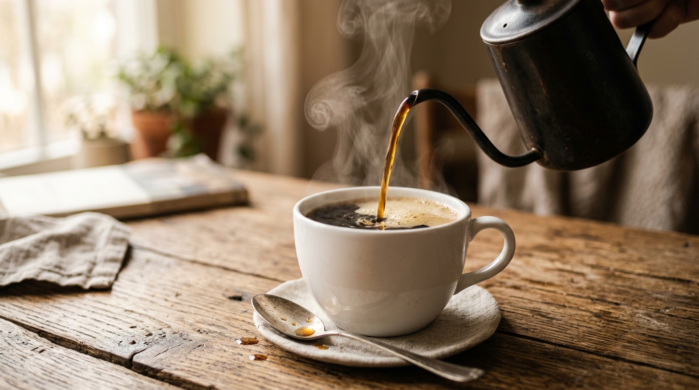 Hot black coffee being poured into a white ceramic mug with steam rising
