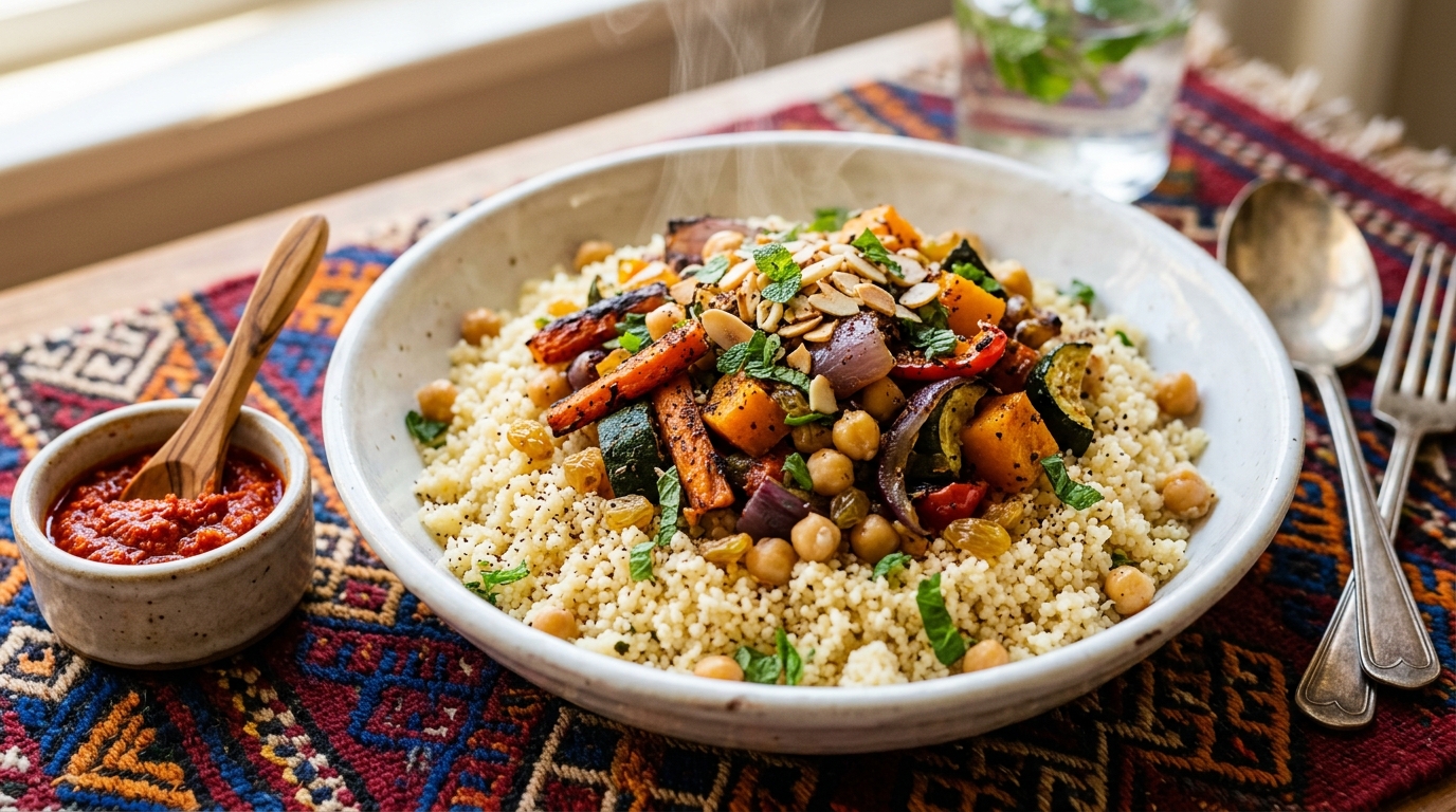 Bowl of fluffy Moroccan couscous with roasted vegetables, chickpeas and harissa on a colourful textile