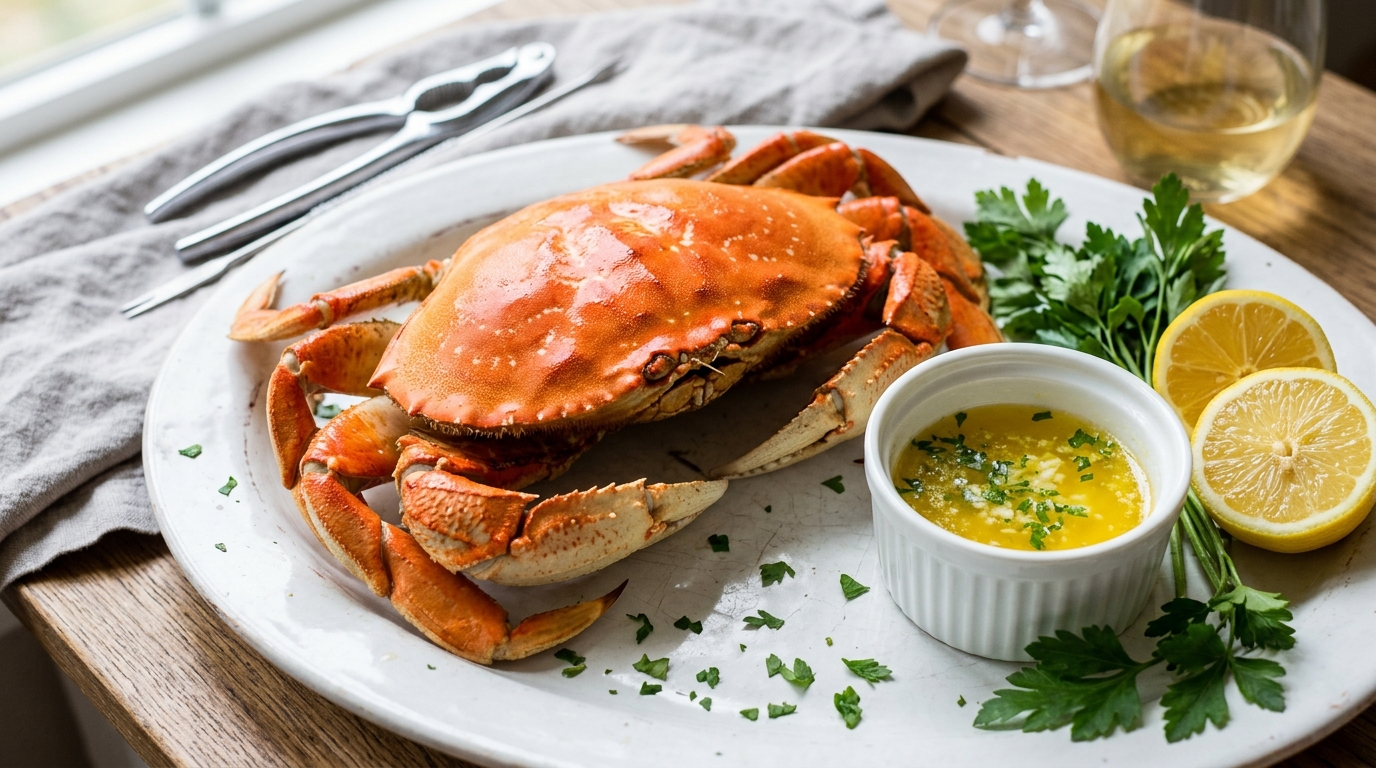 Whole steamed Dungeness crab on a white platter with melted butter, lemon and parsley