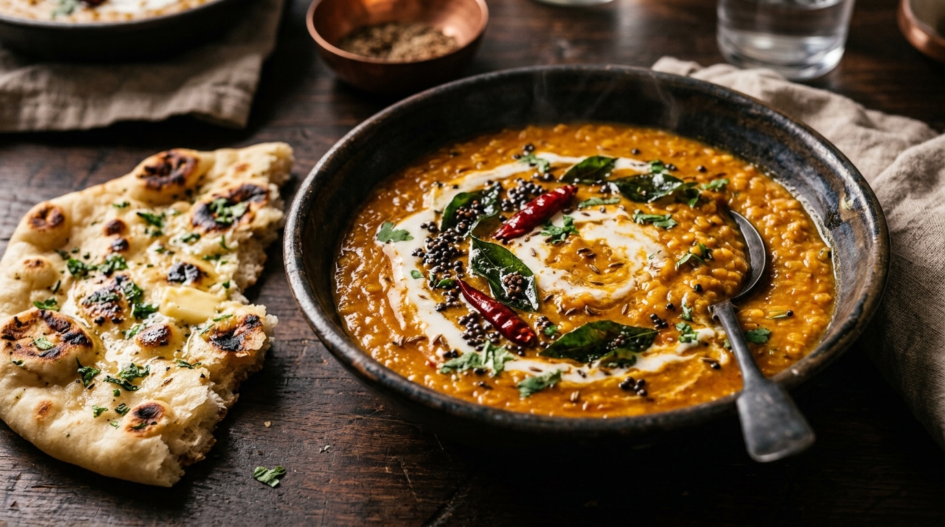 Bowl of rich red lentil dahl with mustard seeds and curry leaves served with naan bread