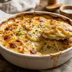 Golden gratin dauphinoise in a white baking dish with a portion lifted showing the creamy potato layers