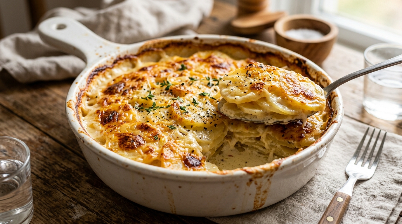 Golden gratin dauphinoise in a white baking dish with a portion lifted showing the creamy potato layers