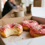 Freshly glazed doughnuts with pink strawberry icing and rainbow sprinkles in a white box, one bitten open to show fluffy interior