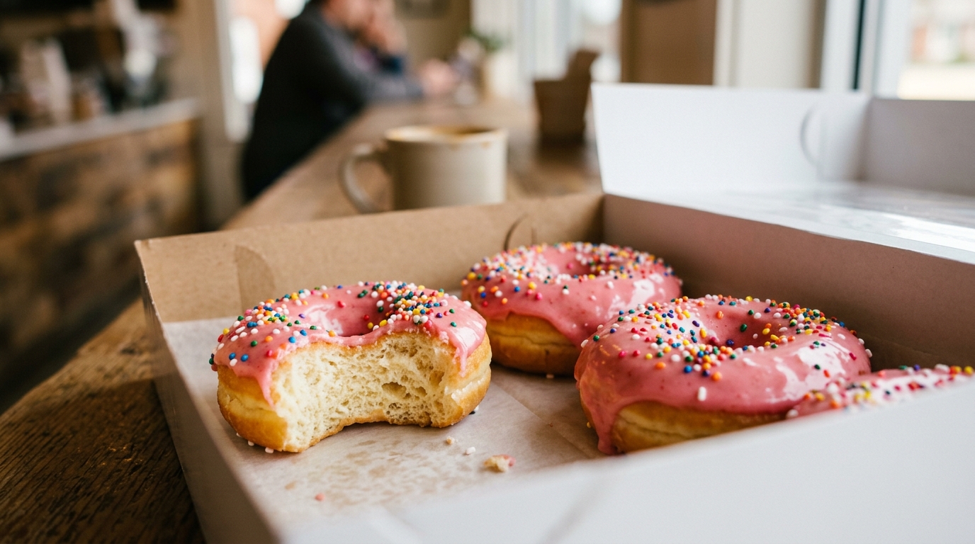 Freshly glazed doughnuts with pink strawberry icing and rainbow sprinkles in a white box, one bitten open to show fluffy interior