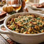 Classic bread stuffing dressing with sage, thyme and parsley golden-brown in a white ceramic baking dish on a Thanksgiving table