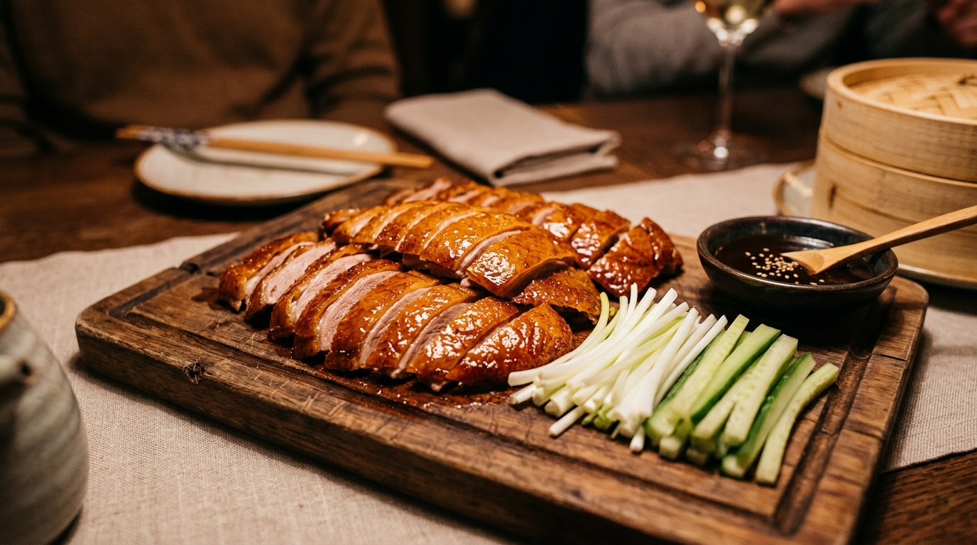 Crispy Peking duck sliced on a wooden board with spring onions, cucumber and hoisin sauce