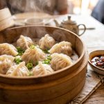 Steamed Chinese dumplings in a bamboo steamer basket with chili dipping sauce and spring onions