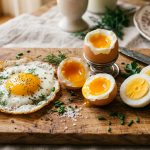 Assorted eggs including fried egg, soft boiled and hard boiled on a wooden board with herbs