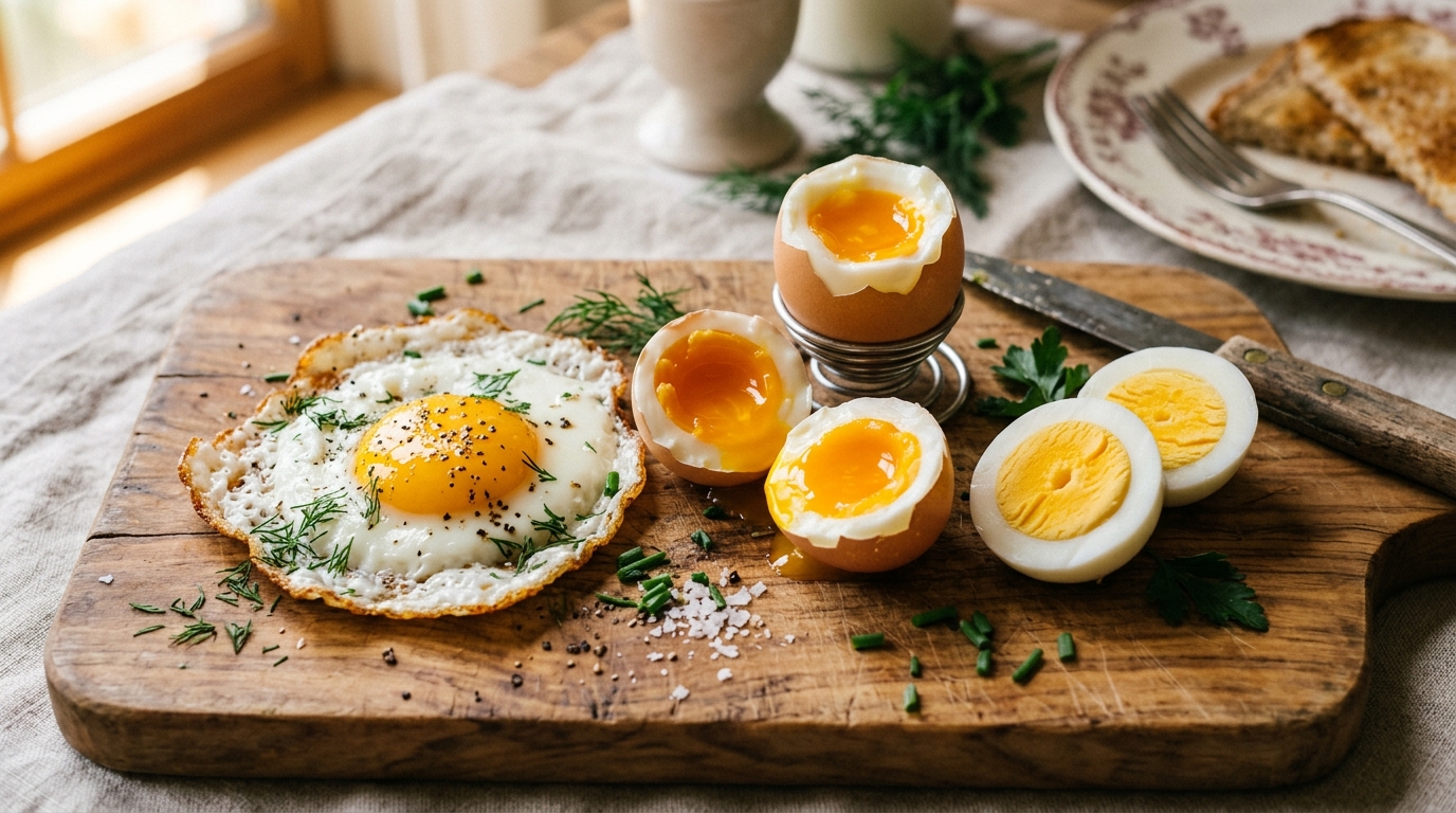 Assorted eggs including fried egg, soft boiled and hard boiled on a wooden board with herbs