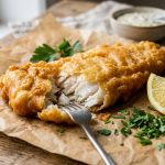 Golden battered fish fillet with flaky white interior, lemon and parsley
