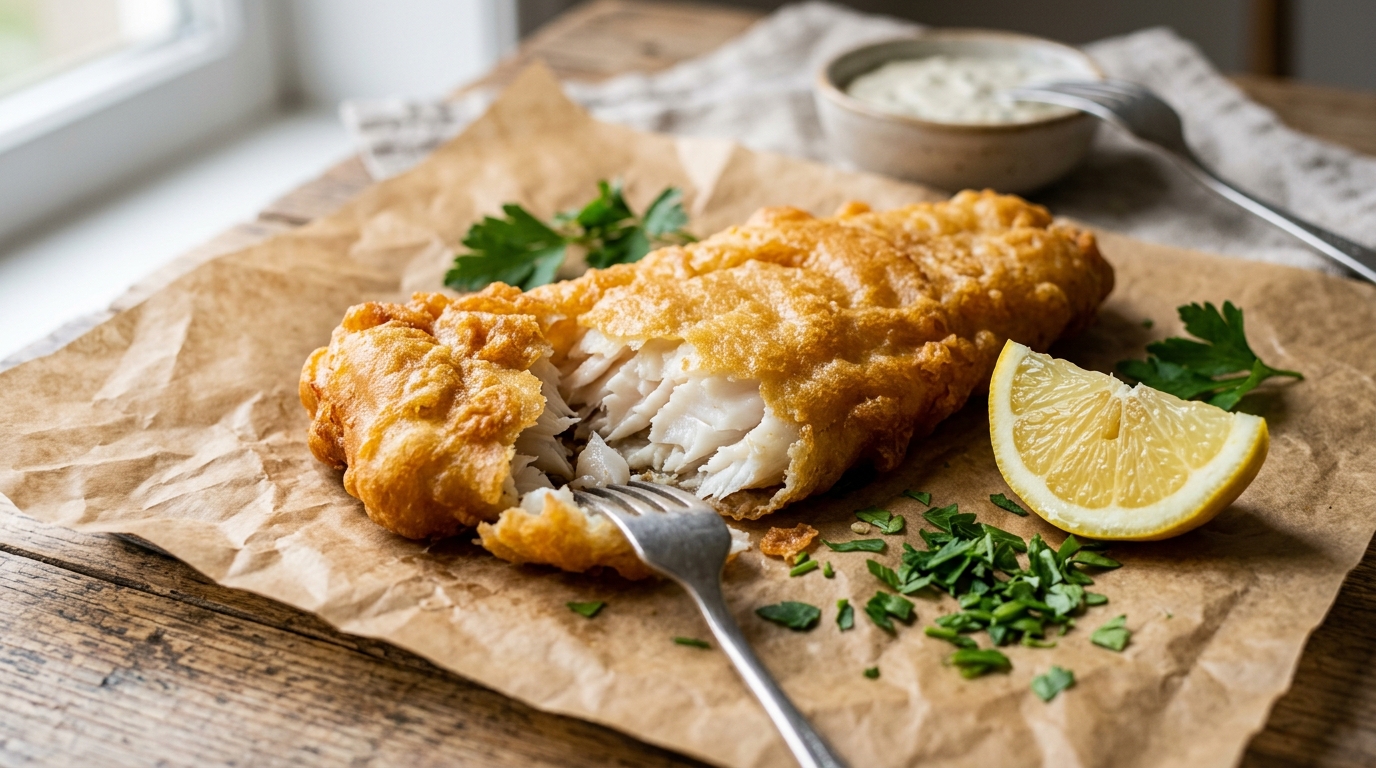 Golden battered fish fillet with flaky white interior, lemon and parsley