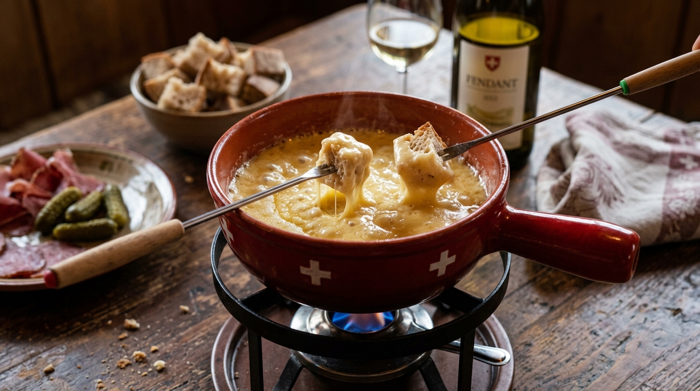 Traditional Swiss cheese fondue in a ceramic caquelon pot with fondue forks dipping bread cubes into bubbling melted cheese