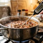 Digital probe thermometer showing 75 degrees Celsius inserted into steaming reheated food in a saucepan on a gas stove