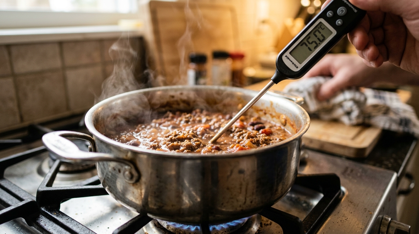 Digital probe thermometer showing 75 degrees Celsius inserted into steaming reheated food in a saucepan on a gas stove
