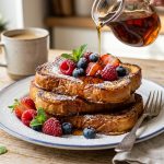 Stack of thick golden french toast with powdered sugar, fresh berries and maple syrup being poured over