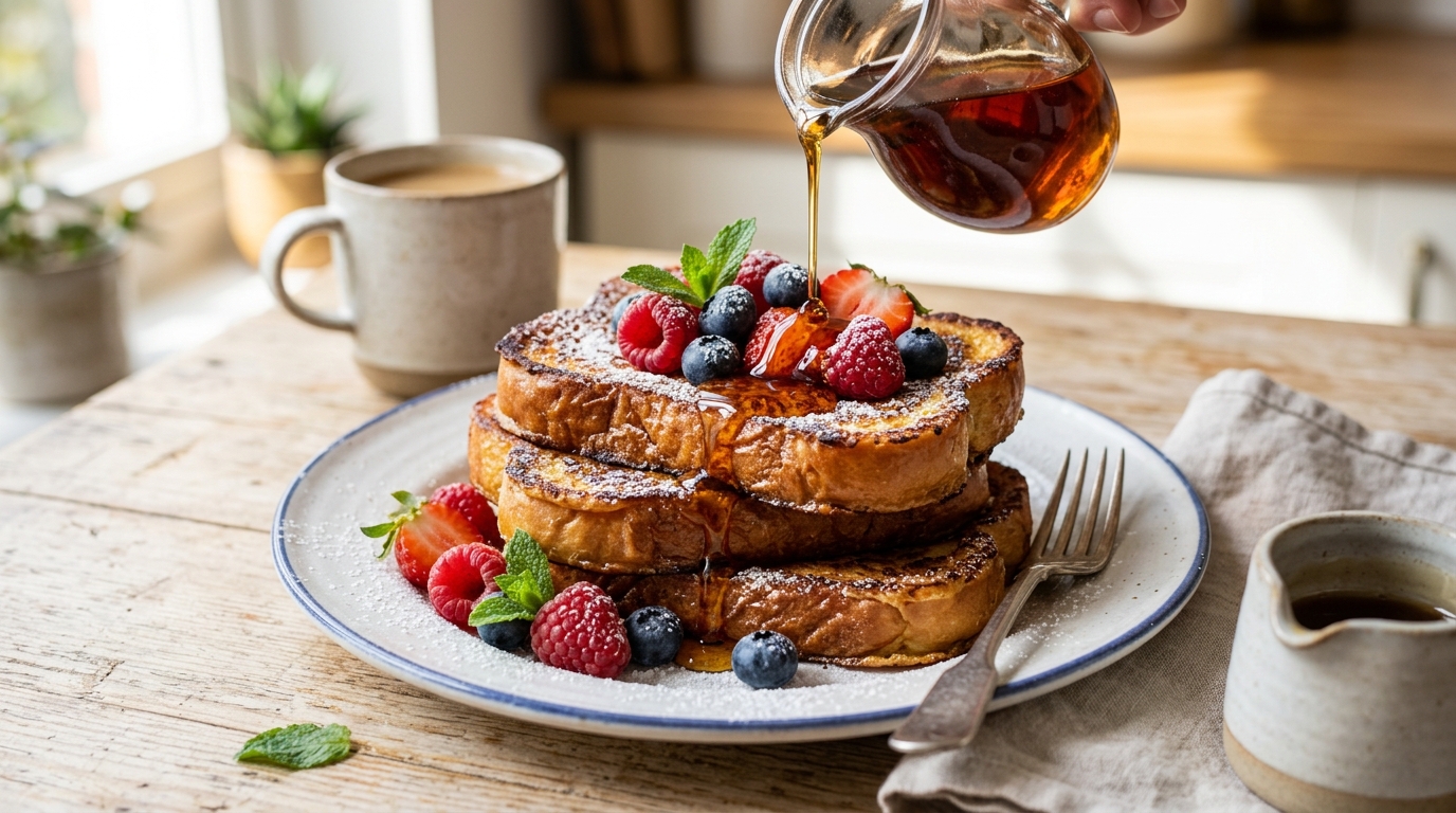 Stack of thick golden french toast with powdered sugar, fresh berries and maple syrup being poured over