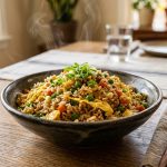 Bowl of steaming reheated egg and vegetable fried rice with green onions