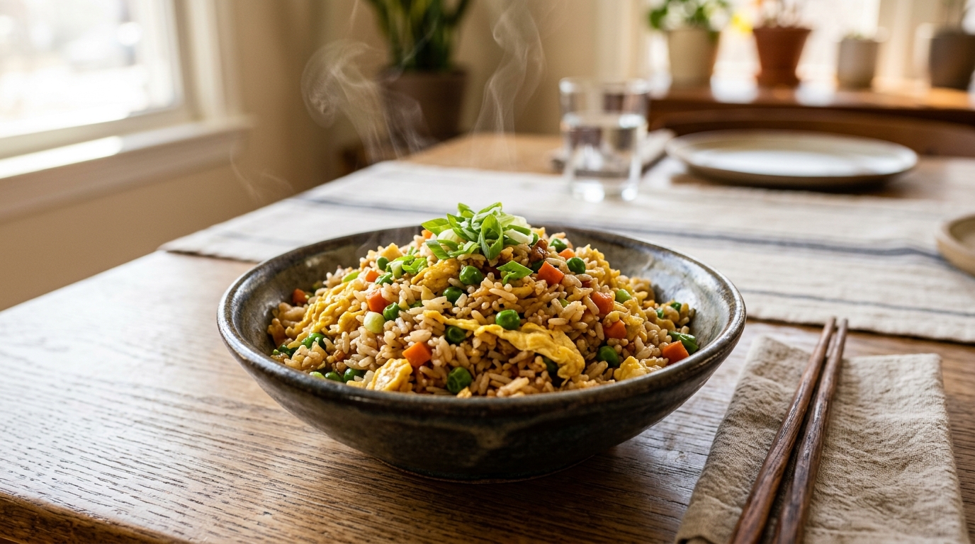 Bowl of steaming reheated egg and vegetable fried rice with green onions