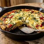 Golden Italian frittata with roasted red peppers, spinach and feta in a cast iron skillet cut into wedges